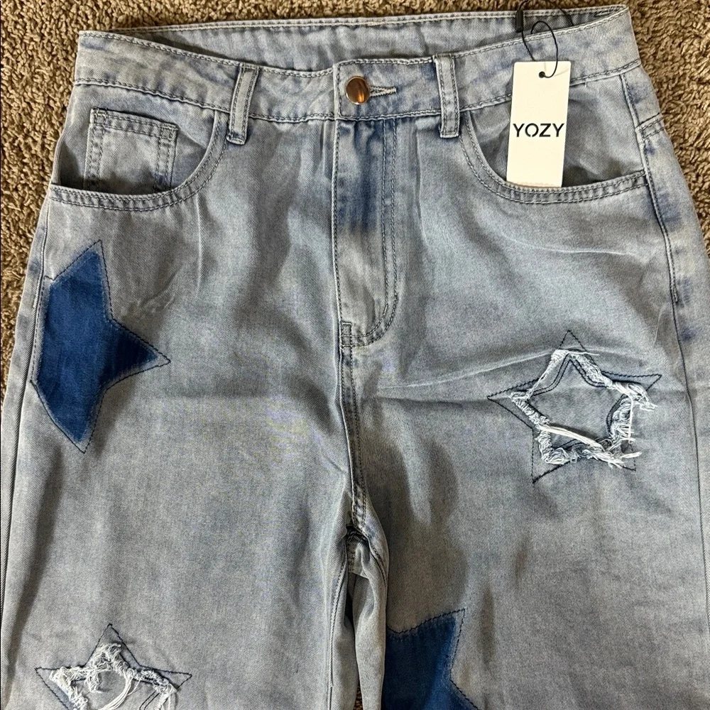 Yozy Blue Star Patch Women High Waist Wide Leg Jeans SKU1411 - Picture 3 of 16